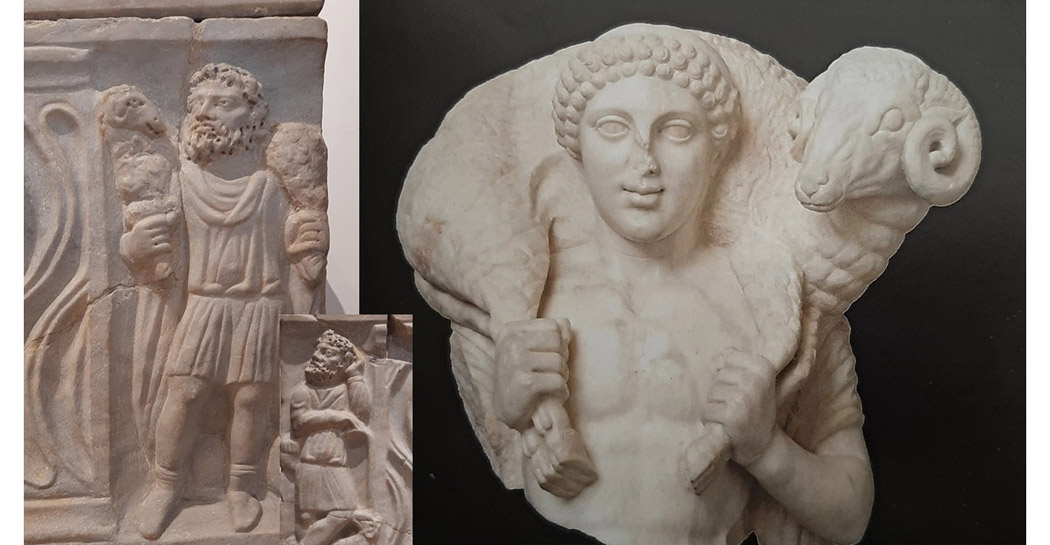 Museo Barracco, Statua di efebo che porta un ariete (prima età imperiale); sarcofago, pastori bucolici (part.), III sec. d. C.