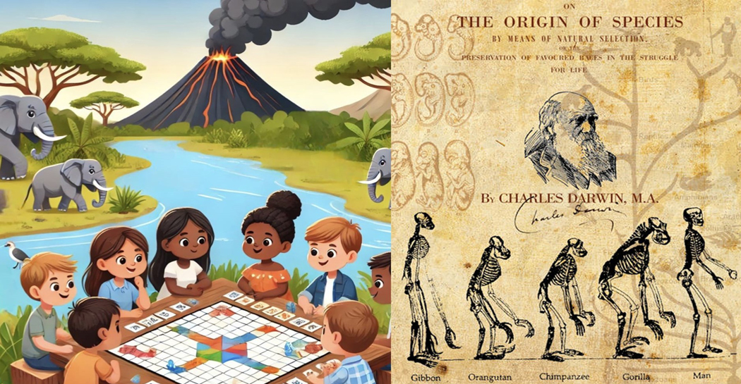 dei bambini giocano a “Evolution!” immaginando di trovarsi lungo il fiume pleistocenico di Casal de’ Pazzi, scoprendo così la teoria dell’evoluzione di Darwin dei bambini giocano a “Evolution!” immaginando di trovarsi lungo il fiume pleistocenico di Casal de’ Pazzi, scoprendo così la teoria dell’evoluzione di Darwin