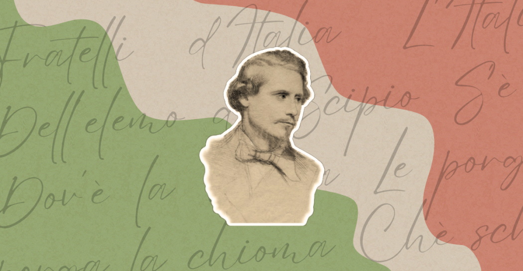 Goffredo Mameli disegno di Roberto Bompiani su sfondo della bandiera italiana Goffredo Mameli disegno di Roberto Bompiani su sfondo della bandiera italiana