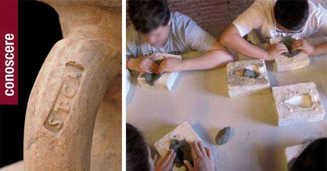 A sinistra: ansa bollata di un’anfora; a destra i ragazzi durante il laboratorio A sinistra: ansa bollata di un’anfora; a destra i ragazzi durante il laboratorio